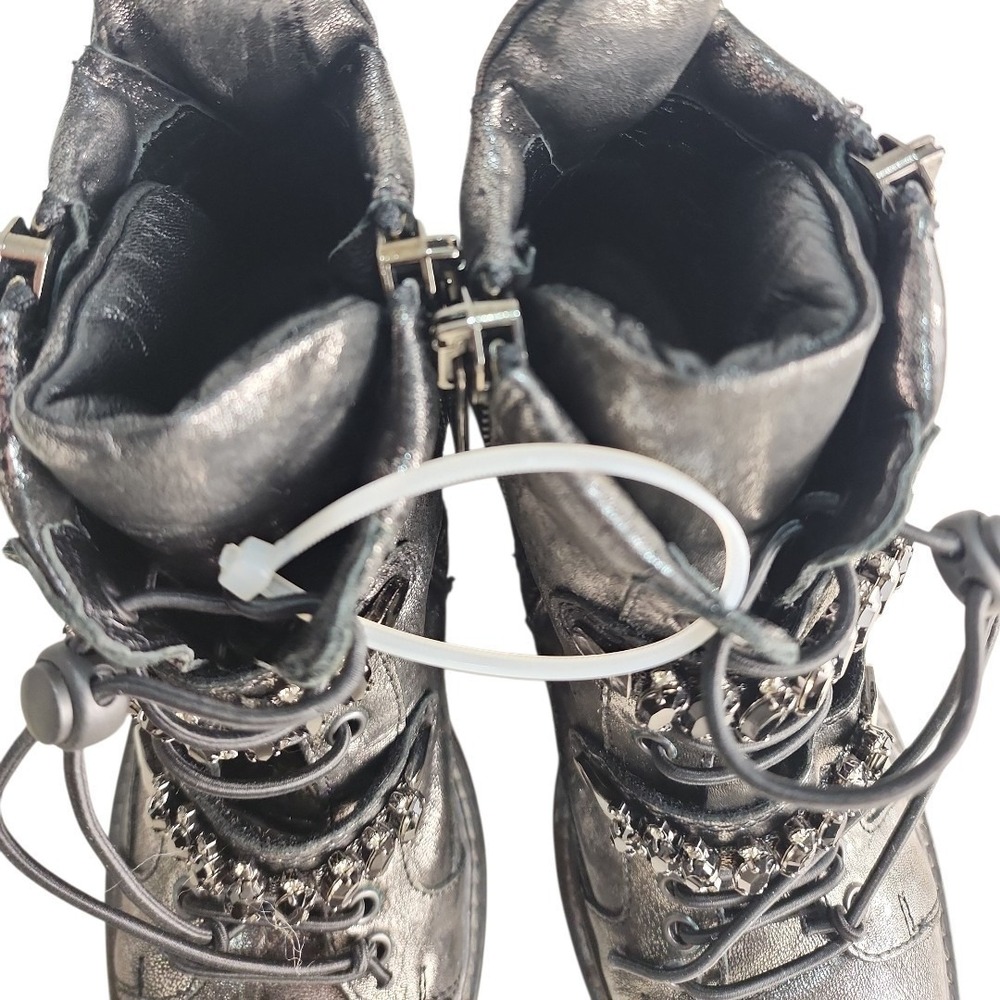275 Central Combat Boots Women US 6-6.5 Metallic Silver Crystal Embellished Goth - Picture 11 of 12